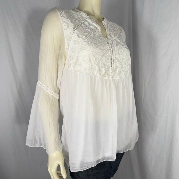 Made in Italy 100% Silk Lace Boho Blouse Sheer Bell Sleeve Peasant Top Romantic - Picture 12 of 15